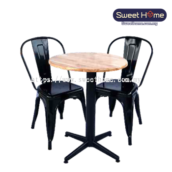 Round Wooden Cafe Table With Tolix Chair | Cafe Table Chair Set | Cafe Furniture