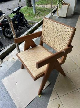 Solid Wood Rattan Chair With Arm Rest | Kerusi Kayu Rotan | Living Room Leisure Wood Chair | Solid Wood Dining Chair | Cafe Furniture | Restaurant Furniture | Dining Table and Chair