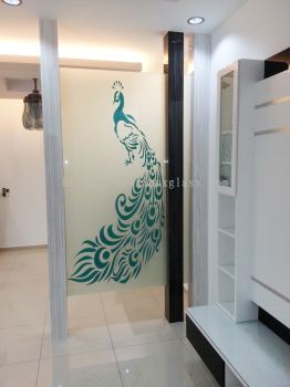 Sandblasted Glass Partition with Peacock Designs