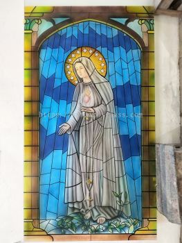 Stained Glass Mother Marry Design on Sandblasted Glass