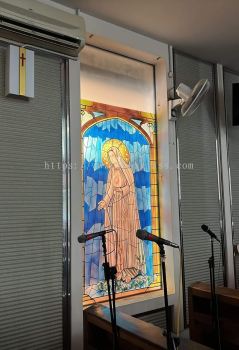 Stained Glass Mother Marry Design on Sandblasted Glass