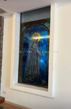 Stained Glass Mother Marry Design on Sandblasted Glass