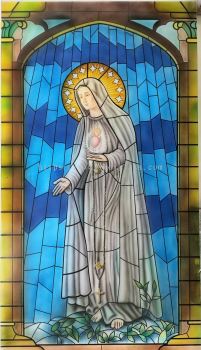 Stained Glass Mother Marry Design on Sandblasted Glass