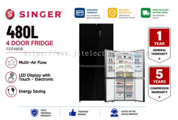 SINGER FDF480B Peti Sejuk 4 Pintu 480L Inverter | Frost Free | Jimat Elektrik | Peti Sejuk Premium