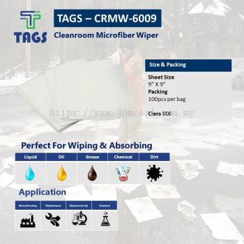 TAGS-CRMW CLEANROOM MICROFIBER WIPER CLASS100 9" X9", 100PCS/BAG