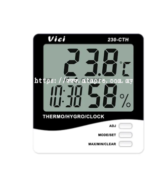 Vici 230-CTH Digital Thermo Hygro Meter, Clock/Date function, Max/Min temperature humidity memory functions.