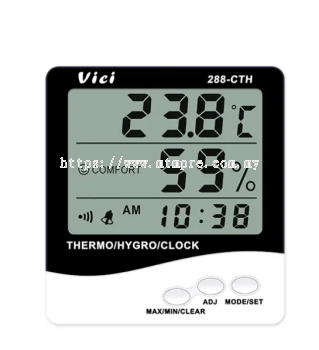 Vici 288-CTH Digital Thermo Hygro Meter, Clock/Date function, Max/Min temperature and humidity memory function