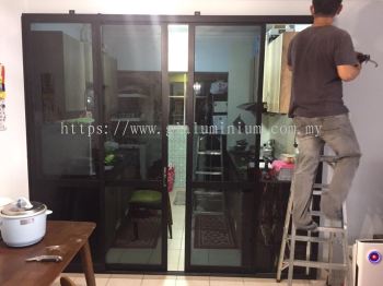 Sliding doors 4 panels ( powder coated black + tinter dark glass) @Pangsapuri Jati Selatan, jln. 1/125G Desa Petaling, Kuala Lumpur 