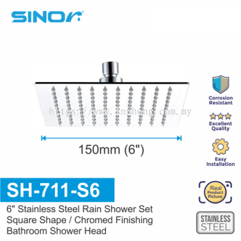 SINOR SH-711-S6 STAINLESS STEEL 6 INCHES SQUARE ULTRA THIN SHOWER HEAD SET