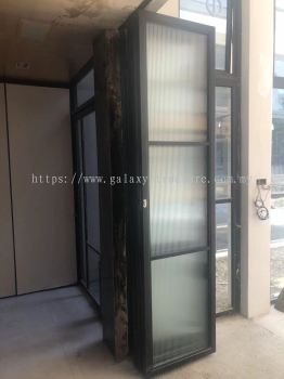 Final progress:To fabrication and install new powder coated folding sliding door grille with special normal glass and key lock - K.L