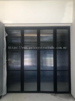 Final progress:To fabrication and install new powder coated folding sliding door grille with special normal glass and key lock - K.L