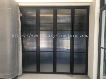 Final progress:To fabrication and install new powder coated folding sliding door grille with special normal glass and key lock - K.L