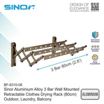 SINOR BF-6310-08 3 Bar Aluminium Alloy Wall Mounted Retractable Clothes Drying Rack (80cm)