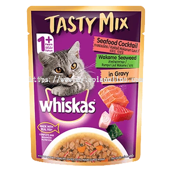 WHISKAS TASTY MIX POUCH SEAFOOD, SEAWEED IN GRAVY 70G
