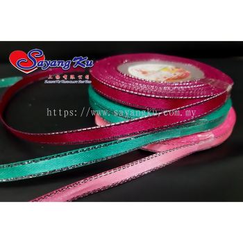 [Ready Stock] Satin Ribbon w Silver Edge  Reben Satin Silver Line 0.25 inch 15yard (1 gulung  roll)