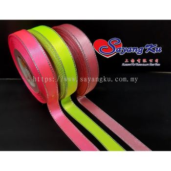 [Ready Stock] Satin Ribbon w Silver Edge / Reben Satin Silver Line 0.5 inch 15yard (1 gulung / roll)