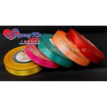 [Ready Stock] Satin Ribbon w Gold Edge / Reben Satin Gold Line 0.5 inch 15yard (1 gulung / roll)