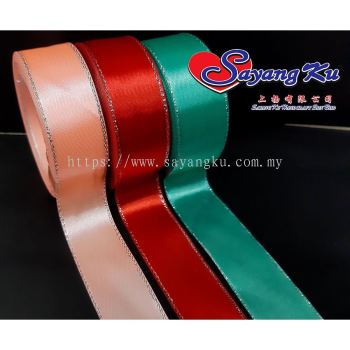 [Ready Stock] Satin Ribbon w Silver Edge / Reben Satin Silver Line 1 inch 15yard (1 gulung / roll)