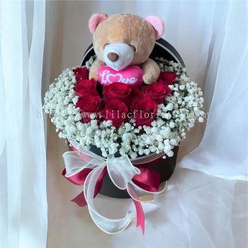 8 Red Roses + Babysbreath With A Bear arranged In A Box 