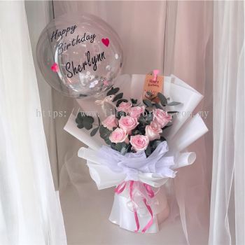 8 Pink Roses With Customise Bubble Balloon