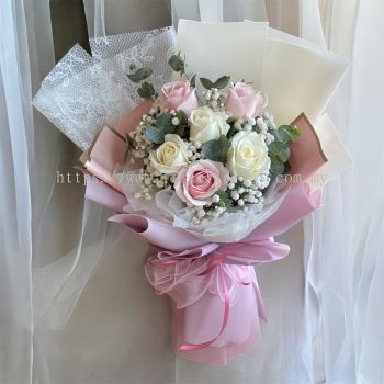6 Stalks Of White & Pink Roses Bouquet 
