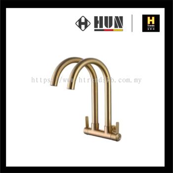 HUN Double Spout Wall Sink Tap (Gold) HWT8005-A