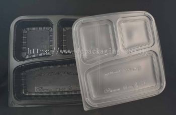 3 Compartment Bento Box (Black Base) With Cover - Eco Plus Packaging