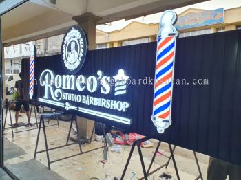 ROMEO'S STUDIO BARBERSHOP ALUMINIUM PANEL 3D BOX UP FRONTLIT- BACKLIT LETTERING SIGNAGE AT PAHANG