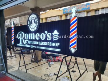 ROMEO'S STUDIO BARBERSHOP ALUMINIUM PANEL 3D BOX UP FRONTLIT- BACKLIT LETTERING SIGNAGE AT PAHANG