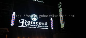 ROMEO'S STUDIO BARBERSHOP ALUMINIUM PANEL 3D BOX UP FRONTLIT- BACKLIT LETTERING SIGNAGE AT PAHANG