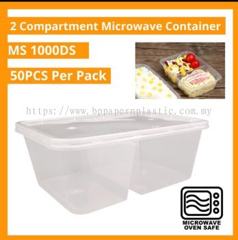 1000 DS Two ( 2 ) Compartment Rectangular Plastic Disposable Food Container [ 50sets ] T1000DS 1000ml