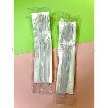 DISPOSABLE FORK AND SPOON WITH TISSUE SINGLE PACK