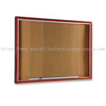 SLIDING GLASS OFFICE NOTICE BOARD WOODEN FRAME BROWN COLOUR - office furniture shop | notice board cheras | notice board ampang | notice board sungai besi