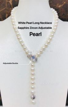 WHITE PEARL LONG NECKLACE 蓝银花点扣长链