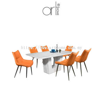 ELOISE MARBLE DINING SET 1+6 (MT-K008+DC-855[ORANGE]) 