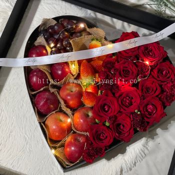 Premium Everlasting Love Box - Red Fruits + Fresh Flowers  (2days pre order) - Romance Aurora Fruit Supply Sdn Bhd