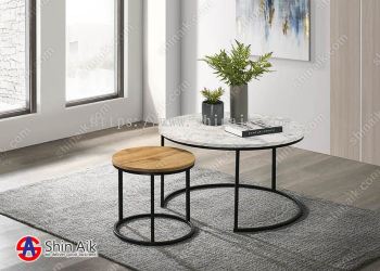 NS65065 (2.5'ft) White Marble & Cedar with Black Metal Industrial Style Round Nesting Coffee Table