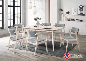 DC2227(KD) (6pax) Whitewash & Grey Mid-Century Fabric Seat Wooden Dining Set