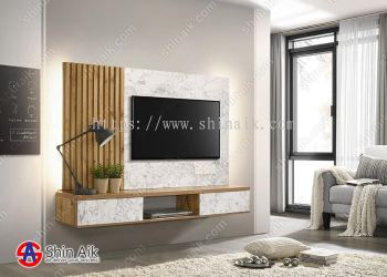 TV1682 (6ft) White Marble & Cedar Two-Tone Modern Feature Wall-Mounted TV Cabinet With Display Cabinet