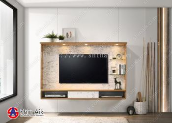 TV615601 (6'ft) White Marble & Cedar Two-Tone Modern Feature Wall-Mounted TV Cabinet