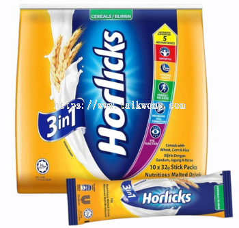 Horlicks 3 in 1 Sachet Pack Cereal Powdered Malt Drink (10's x 32g)