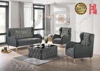 HF 2162 Flannel Fabric Sofa Set 1+1+3 Seater + Coffee Table 绒布沙发 绒布玻璃咖啡桌 (GREY)