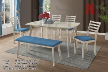 HF 5847 Wooden Dining Set - White Wash / Blue Cushion (1 Table + 4 Chairs + 1 Bench) 