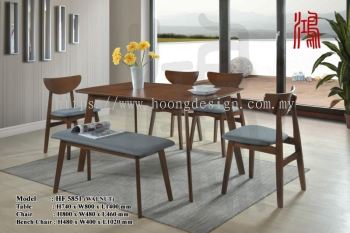 HF 5851 Wooden Dining Set - Walnut / Grey Cushion (1 Table + 4 Chairs + 1 Bench)