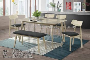 HF 5846 Wooden Dining Set - White Wash / Black Cushion (1 Table + 4 Chairs + 1 Bench)