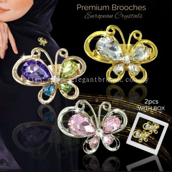 Elegant Brooch Set 2 in 1 Brooch FREE BOX Kerongsang Bahu Rama-Rama Pin Tudung Hijab Brooch Crystal Butterfly CY3277