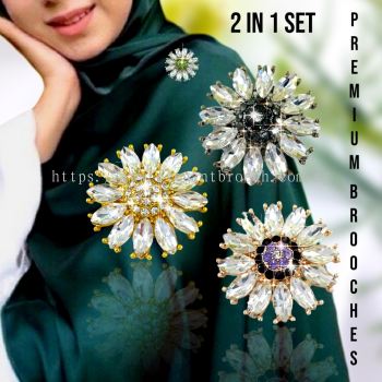 Elegant Brooch Set 2 in 1 [FREE BOX] Kerongsang Bahu Kristal Pin Tudung Hijab Premium Brooch Crystal Sun Flower