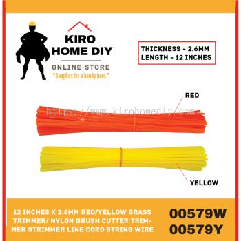 12 Inches x 2.6mm Red/Yellow Grass Trimmer/ Nylon Brush cutter Trimmer Strimmer Line Cord String Wire - 00579W & 00579Y