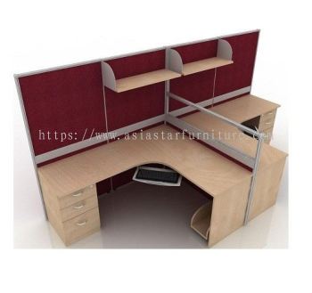 6 FEET CLUSTER OF 2 L-SHAPE FULL BOARD & HALF GLASS CUBICLE WORKSTATION WITH HANGING SHELF, KEYBOARD TRAY & FIXED PEDESTAL 3D - 2L10