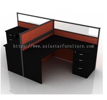 5 KAKI 2 KLUSTER BENTUK L PARTITION PEJABAT DENGAN PARTITION KACA & LACI BERTETAP 3D - 2L13